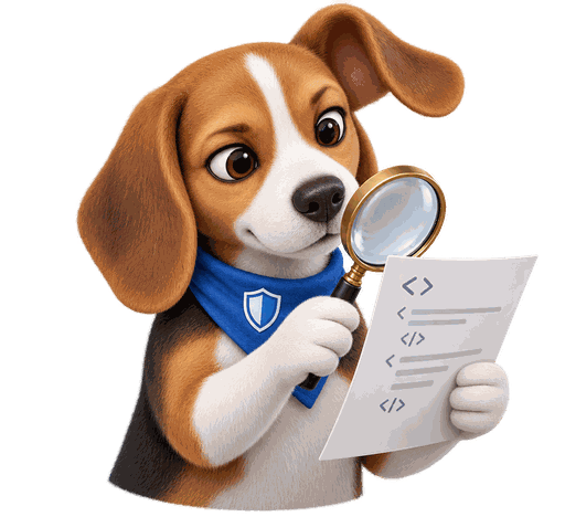 Sabueso revisando un XML con lupa